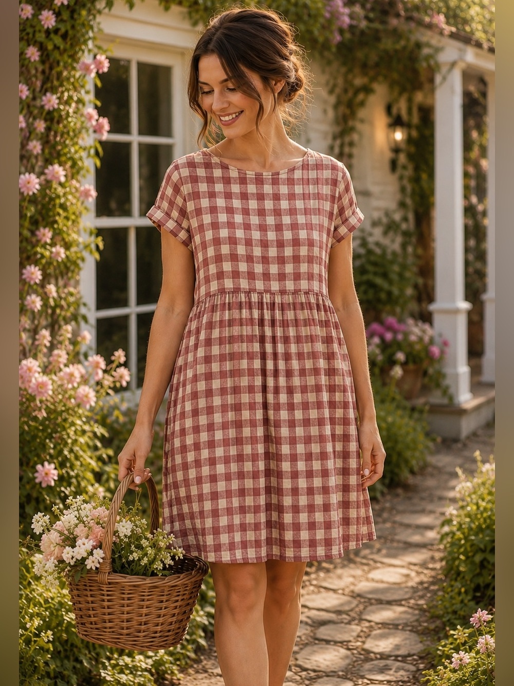Shabby Apple Kai Womens Pink Gingham Cotton Linen Fit & Flare Dress Large